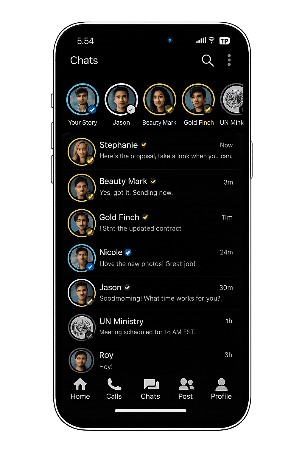 Stories row with viewed/unviewed rings and verified account ticks on 6chatting